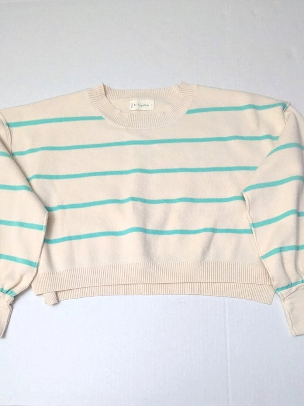 By Together Cream Teal Striped Knit Cropped Sweater Drop Shoulder Size S NWOT
